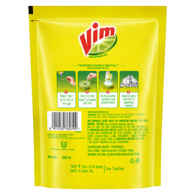 Vim Dishwash Liquid Gel Lemon Refill Pouch 500 Ml