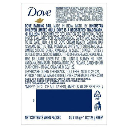 Dove Cream Beauty Bar - Soft, Smooth, Moisturised Skin 125 G (Buy 4 Get 1 Free)