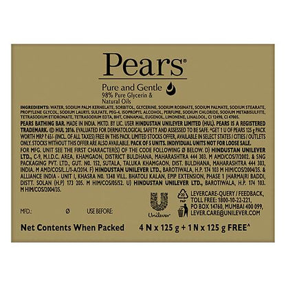 Pears Moisturising Bathing Bar Soap With Glycerine Pure & Gentle For Golden Glow 5X125 Gm