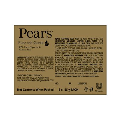 Pears Moisturising Bathing Bar Soap With Glycerine Pure & Gentle - For Golden Glow 3X125 Gm